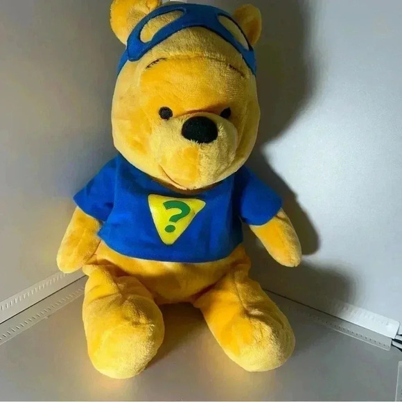 Disney Winnie the Pooh Plush Super Hero 14" Floppy Toy Bear Lovey Blue Eye Mask - Picture 1 of 6